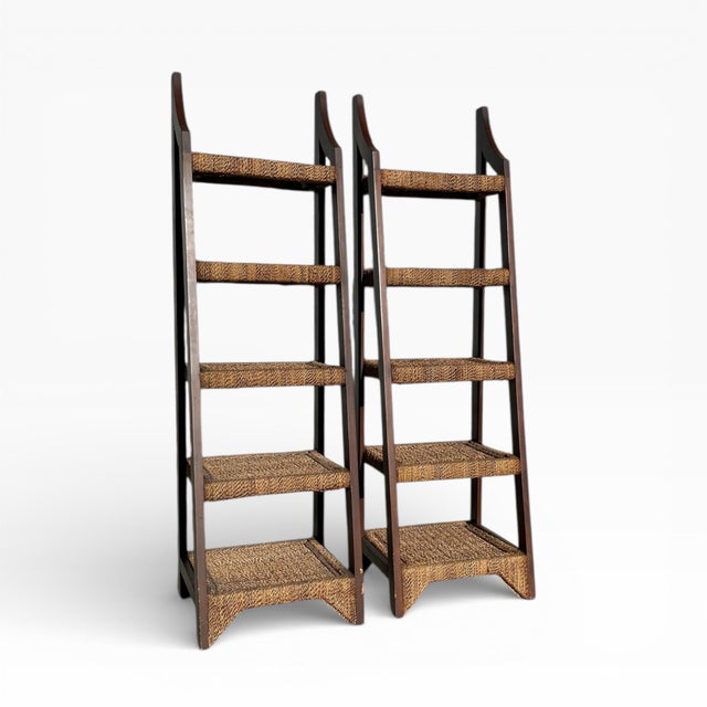 Pair of Mid-Century Wood and Woven Rush Etageres, 20th Century For Sale - Image 17 of 18