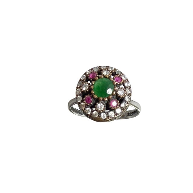 Traditional Vintage Natural Ruby, Emerald & Diamond Ring Sterling Silver Size 7 For Sale - Image 3 of 10