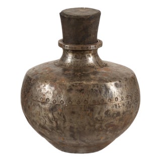 Vintage Indian Hammered Metal Water Vessel with Wooden Stopper For Sale
