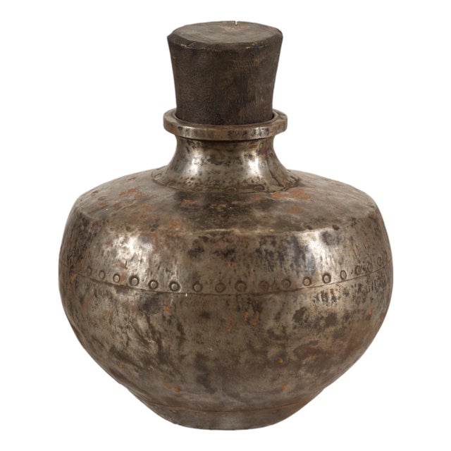 Vintage Indian Hammered Metal Water Vessel with Wooden Stopper For Sale