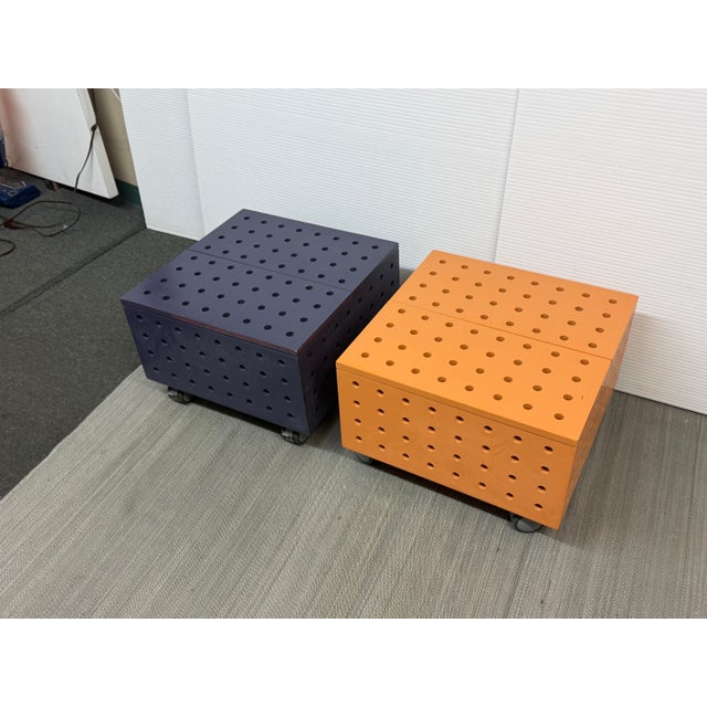 Purple + Orange Peg Board Storage Tables on Casters, Set of Two For Sale - Image 10 of 12
