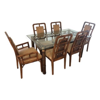 1970's Faux Bamboo Dining Set for 6 Glass Top For Sale
