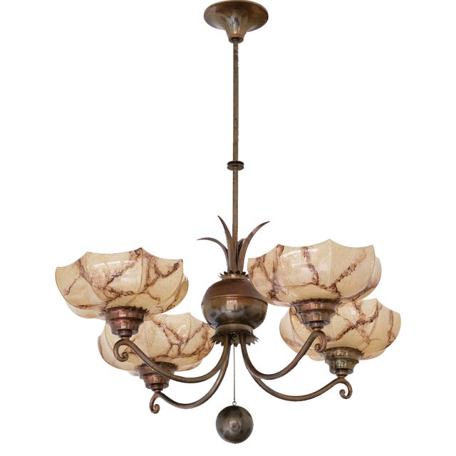 Vintage Swedish Hanging Light in Brass and Marbled Glass, 1927 For Sale