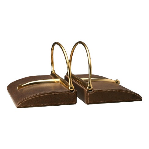 Vintage Bookends in Leather and Brass from Gucci, Italy, 1970s, Set of 2 For Sale