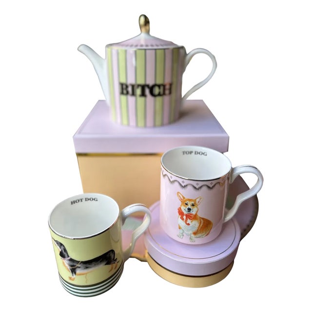 Porcelain Teapot and Mug Set with Gift Box by Yvonne Ellen, Set of 3 For Sale