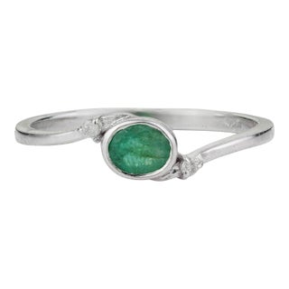 Elegant Oval Emerald & Diamond Bezel-Set Ring in Sterling Silver, Size 6 For Sale