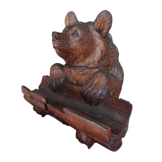 Late 19th Century Antique Carved Wooden Inkwell with Glass Insert by Bear Brienz, 1880s-1910s For Sale - Image 5 of 16