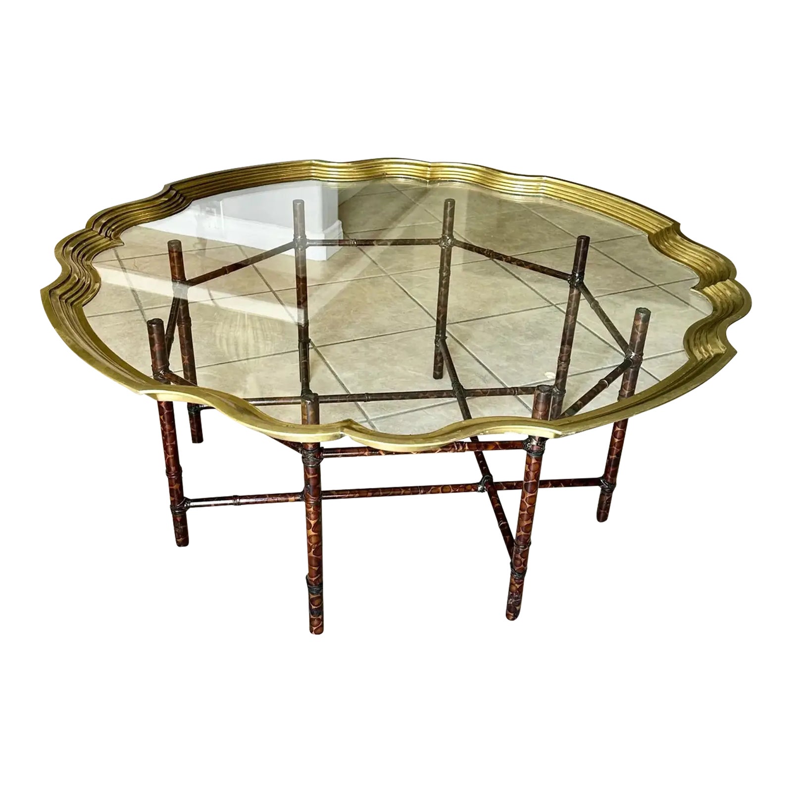 Faux Bamboo Tortoise Shell Round Glass Cocktail Coffee Table | Chairish