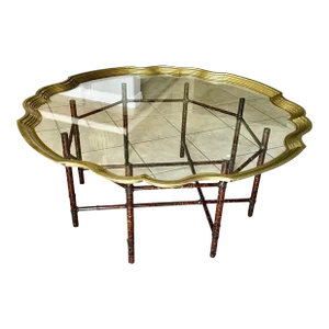 Faux Bamboo Tortoise Shell Round Glass Cocktail Coffee Table