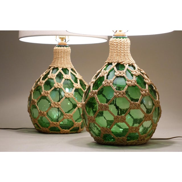 1970s 1970s Matched Pair XL Bottle Green Glass Globe Rope Macrame Net Fish Float Coastal Tiki Table Lamps Nos "New-Old-Stock" Unused For Sale - Image 5 of 13