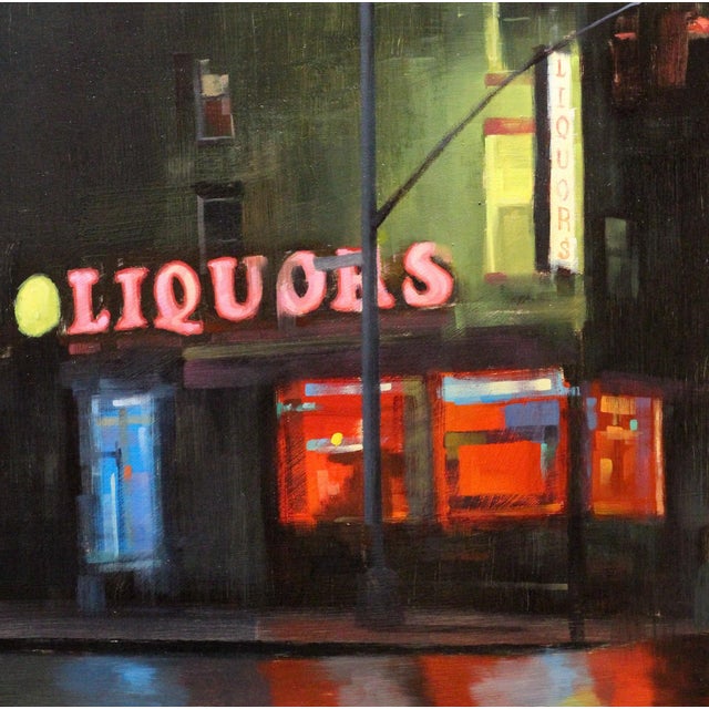 This oil painting captures a nighttime urban scene, featuring a lively liquor store illuminated by vibrant neon signs. The...
