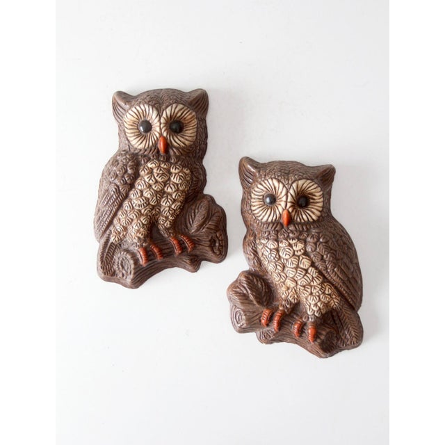 Brown Vintage 1970s Woodland Owl Wall Plaques Pair For Sale - Image 8 of 10