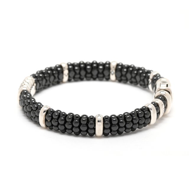 Modern Lagos Caviar .28ctw Diamond & Black Ceramic Bead Bracelet, Sterling Silver For Sale - Image 3 of 8