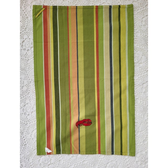 American Crate & Barrel Hand Embroidered Cotton Striped Lobster Tea Towel For Sale - Image 3 of 9