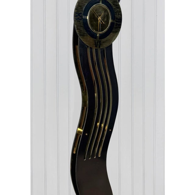 Vintage Art Deco Black & Gold Waved Freestanding Clock by Aquarius For Sale - Image 9 of 11