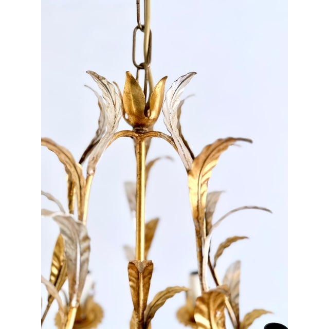 Mid-Century Modern French Gilt and Silvered Tole Leaf 5-Light Chandelier, 1960s For Sale - Image 3 of 16