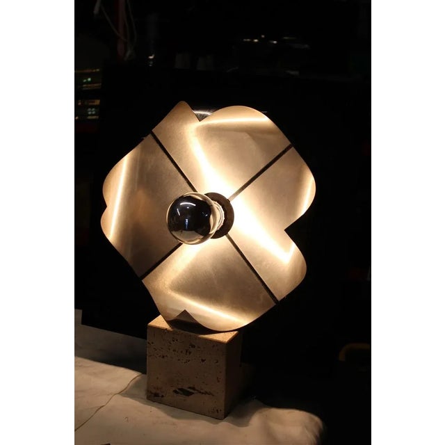 Italian Pop Art Black Acrylic Glass & Steel Curved Base Cube Table Lamp in Travertine Marble from New Lamp Italy, 1970s For Sale - Image 3 of 9