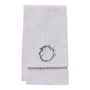 Lavender Wreath Guest Towel, White Waffle Weave, Ladder Lace, Embroidered