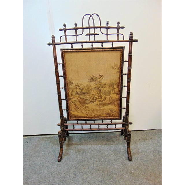 Victorian Faux Bamboo carved fire screen with Art Nouveau Scenic Group of Women
