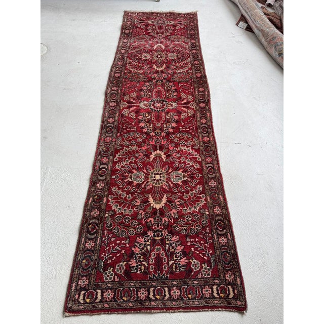 Name: BOTANICAL Vintage Persian Sarouk Runner | Scarlet, Grey, Taupe, Rose, Walnut Size: 2.10 x 9.10 Age: Antique/Vintage,...
