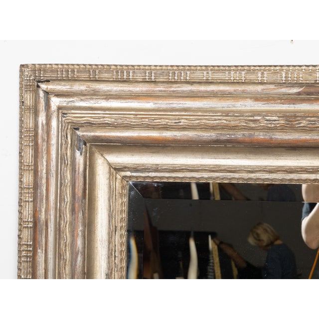 Wood Dutch 1800s Silver Leaf Gilt Mirror with Carved Grooved Motifs and Beveled Plate For Sale - Image 7 of 8