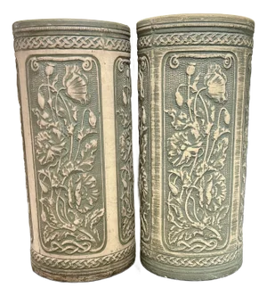 A Pair Of, Robinson Ransbottom 1926 Art Nouveau, Victorian, Luxor Antique, Blue Poppy Patterned Pottery