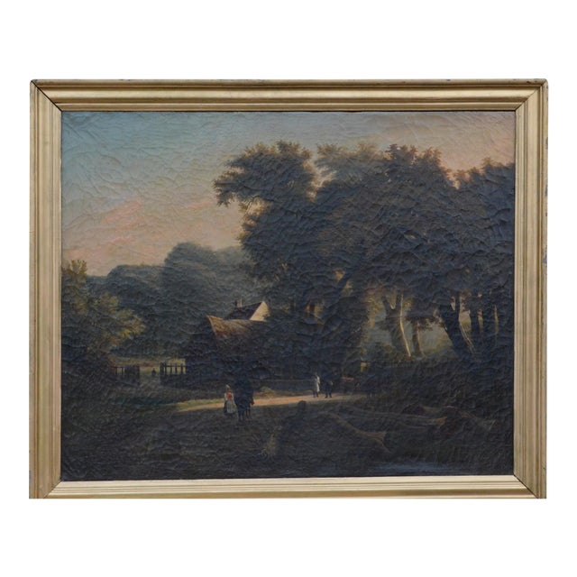 19th Century French School – Large Oil on Canvas - Animated Landscape With Cottage For Sale