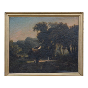 19th Century French School – Large Oil on Canvas - Animated Landscape With Cottage