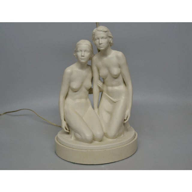 American Mid-Century Modern Plaster Table Lamp Sculpted Two Nude Female, Marked For Sale - Image 4 of 13