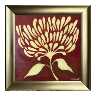 Original Botanical Flower Painting in Brushed Gold Frame, Oil on Canvas, 14.5" X 14.5" by Tatiana Duperault For Sale
