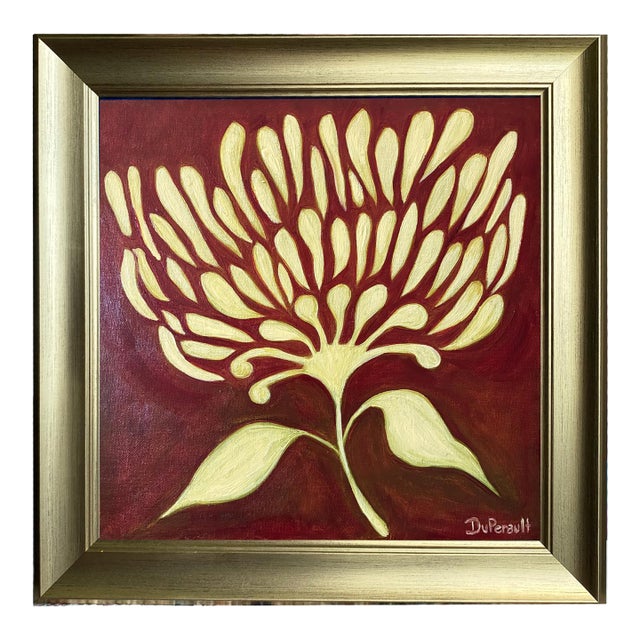 Original Botanical Flower Painting in Brushed Gold Frame, Oil on Canvas, 14.5" X 14.5" by Tatiana Duperault For Sale