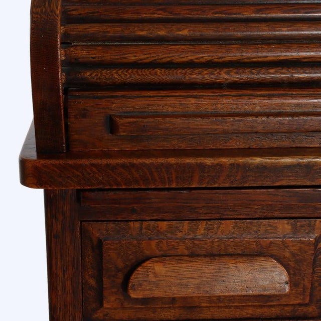 Antique Standard Raised Panel Oak S-Roll Top Desk With Full Interior C1910 For Sale - Image 9 of 10