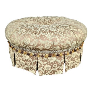 Charles Stewart Sheath Round Damask Tufted Ottoman Cocktail Table 43" For Sale