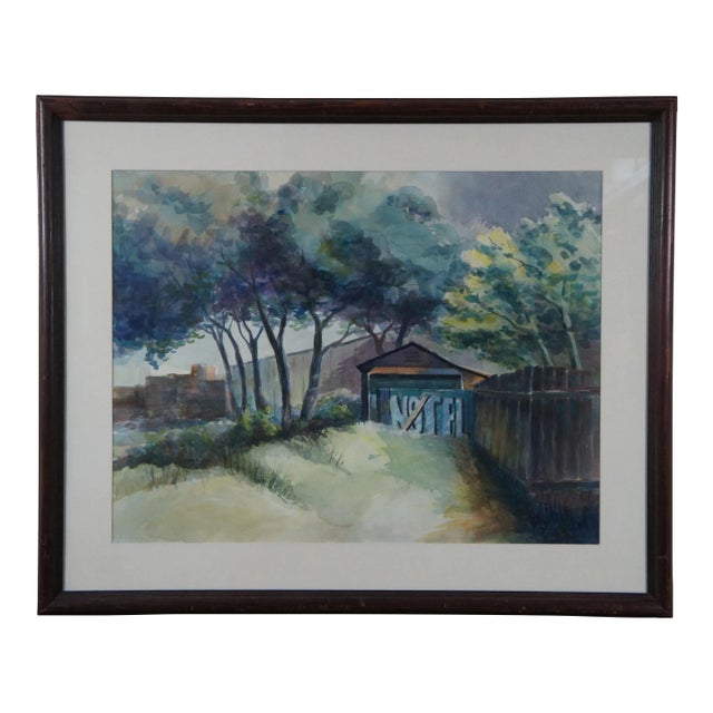 Vintage Marshall Turner Notel Motel Backyard Landscape Watercolor Painting 37" For Sale