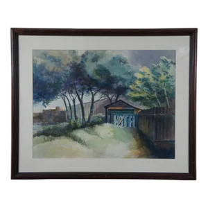 Vintage Marshall Turner Notel Motel Backyard Landscape Watercolor Painting 37"