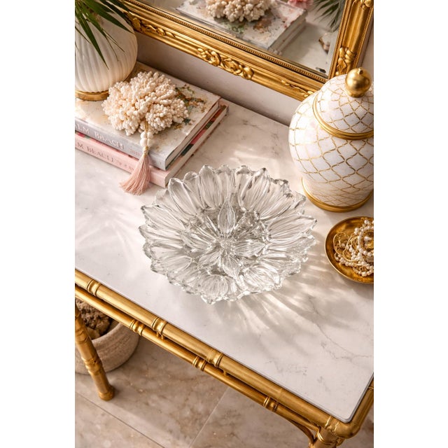 Glass Vintage Frosted Floral Art Glass Centerpiece Bowl – Sculptural Tulip Petal Design – 12” Palm Beach / Hollywood Regency Catch-All For Sale - Image 7 of 10