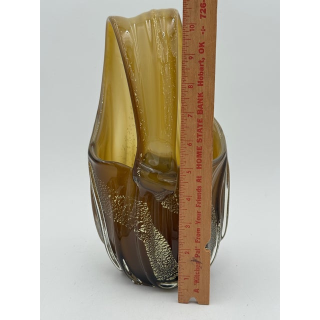 Mid Century Murano Amber Art Glass Aventurine Gold Flecks Vase Basket Handled For Sale - Image 10 of 11