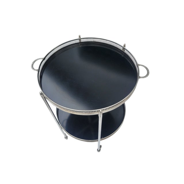 French Hollywood Regency Nickel Bar Cart With Black Formica Trays – Mid Century 2-Tier Trolley For Sale - Image 9 of 11