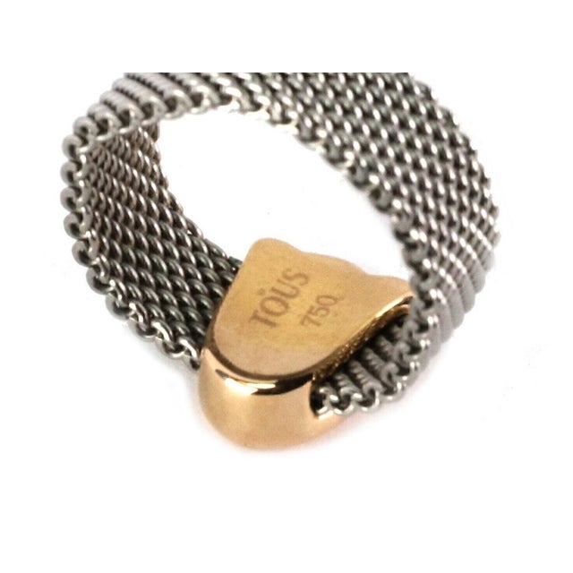 Contemporary Mid 20th Century Tous 18k Gold & Stainless Tulip Charm Mesh Flex Band Ring Size 6 For Sale - Image 3 of 6