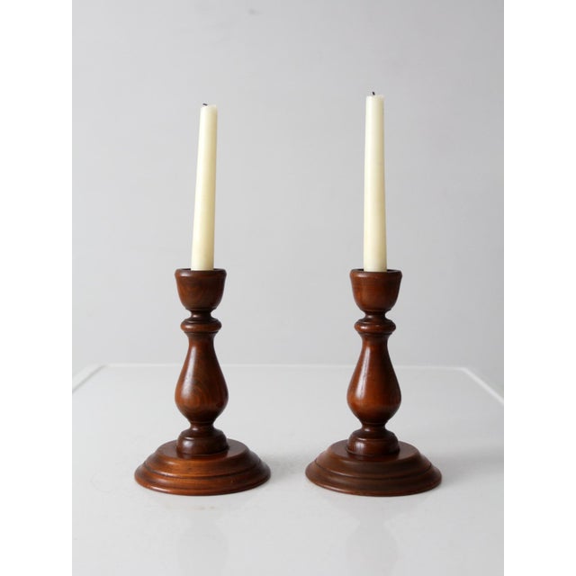 Vintage Turned Wood Candlestick Holders Pair For Sale - Image 10 of 10