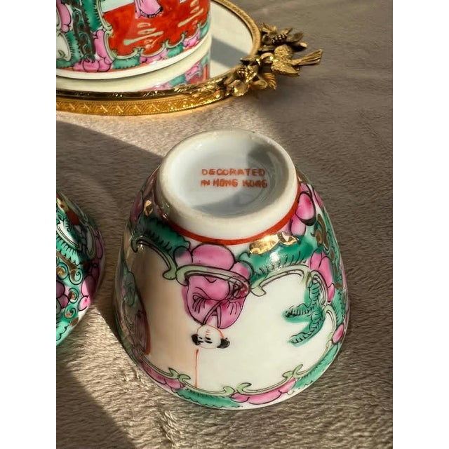 Ceramic Rose Medallion Chinese Woven Tea Basket With 2 Cups & a Teapot, Antique For Sale - Image 7 of 10