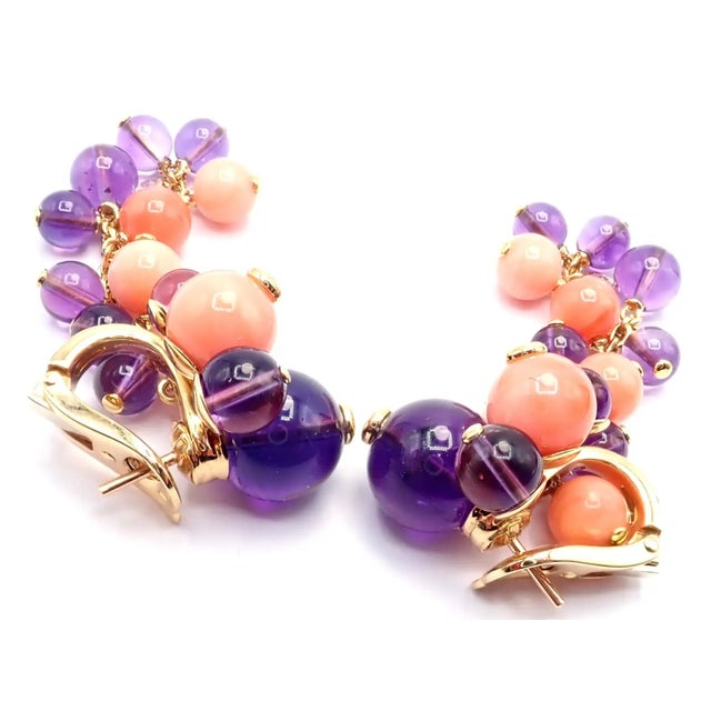 1980s Pair of Cartier Rose Gold Coral Amethyst Diamond Delices De Goa Earrings For Sale - Image 13 of 17