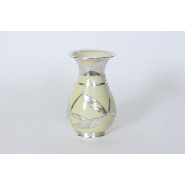 Bavaria Friedrich Wilhelm Spahr for Edelstein Floral Silver Overlay Porcelain Vase. Featuring a creamy yellow vase form...