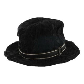 1980s Christian Dior VTG Black Astrakhan Fur & Leather Trim Fedora Hat For Sale