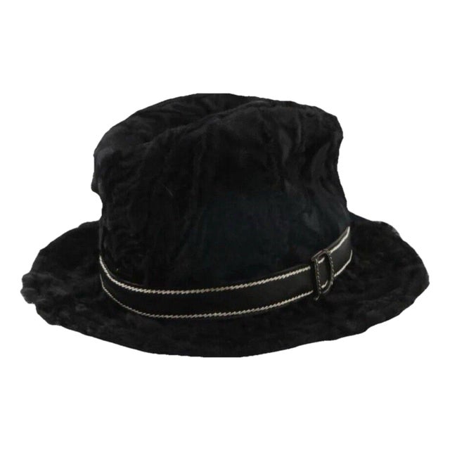 1980s Christian Dior VTG Black Astrakhan Fur & Leather Trim Fedora Hat For Sale