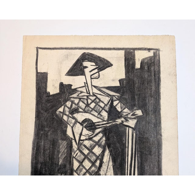 Striking vintage mid-century modernist charcoal drawing on paper measuring 12.5 inches wide by 19 inches high. The work...
