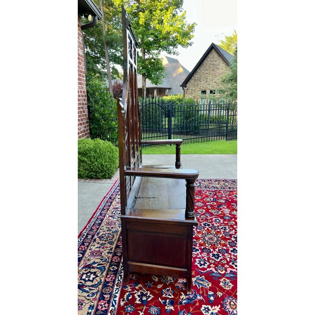 Brown Antique French Bench Settee Gothic Oak Tracery Lift Top Seat Storage Trunk 19c For Sale - Image 8 of 12