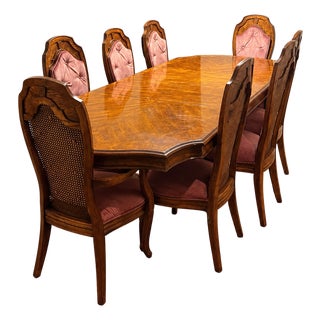 Vintage Figured Wood Double-Pedestal Dining Table With Eight Rose Upholstered Cane-Back Chairs — Nine-Piece Set For Sale