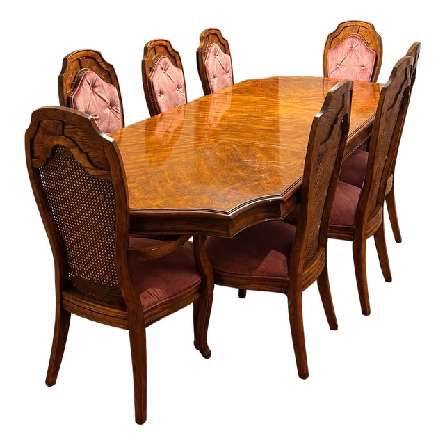 Vintage Figured Wood Double-Pedestal Dining Table With Eight Rose Upholstered Cane-Back Chairs — Nine-Piece Set For Sale