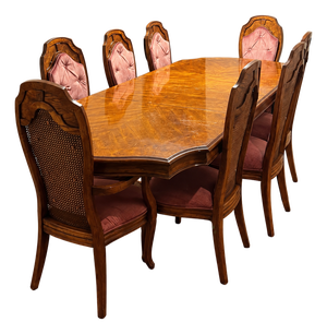 Vintage Figured Wood Double-Pedestal Dining Table With Eight Rose Upholstered Cane-Back Chairs — Nine-Piece Set